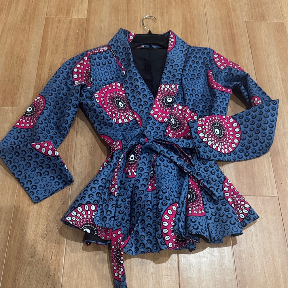 Blue and Pink Patterned Afro Centric Wrap Jacket